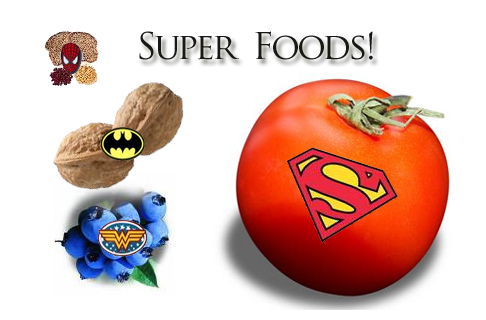 Graphic of foods with superhero logos on them for super foods