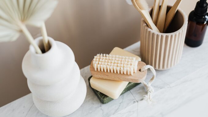 set of natural toiletries on marble tabletop