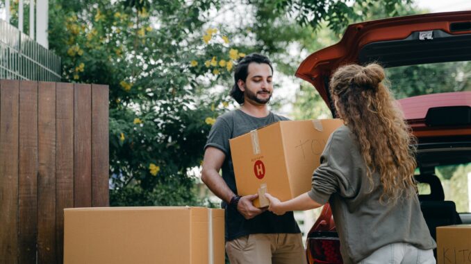 couple passing carton box to each other while unpacking car