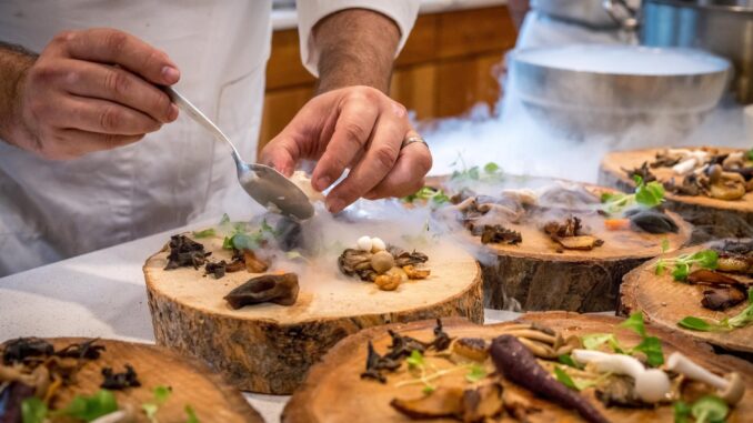 chef preparing vegetable dish on tree slab - Restaurant Options