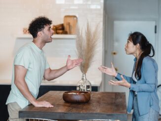 a couple talking while arguing
