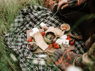 person in black and white plaid long sleeve shirt having a picnic