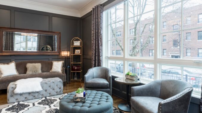 round tufted gray ottoman